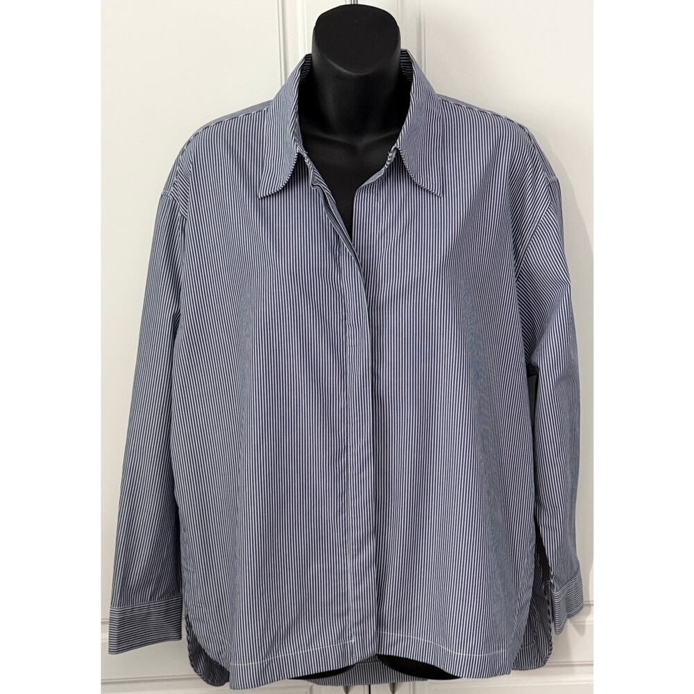 Banana Republic Oversized Cotton Shirt Navy Stripe High-Low Hem Size M Petite
